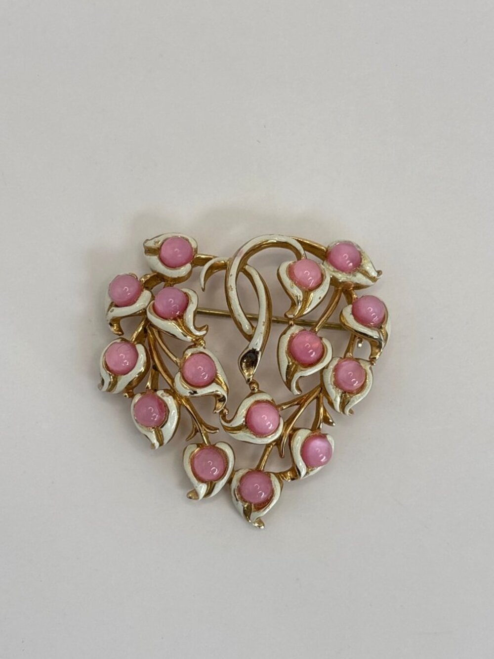 Vintage Gold Tone Pink Moonglow Stones & White Enamel Heart Brooch Pin